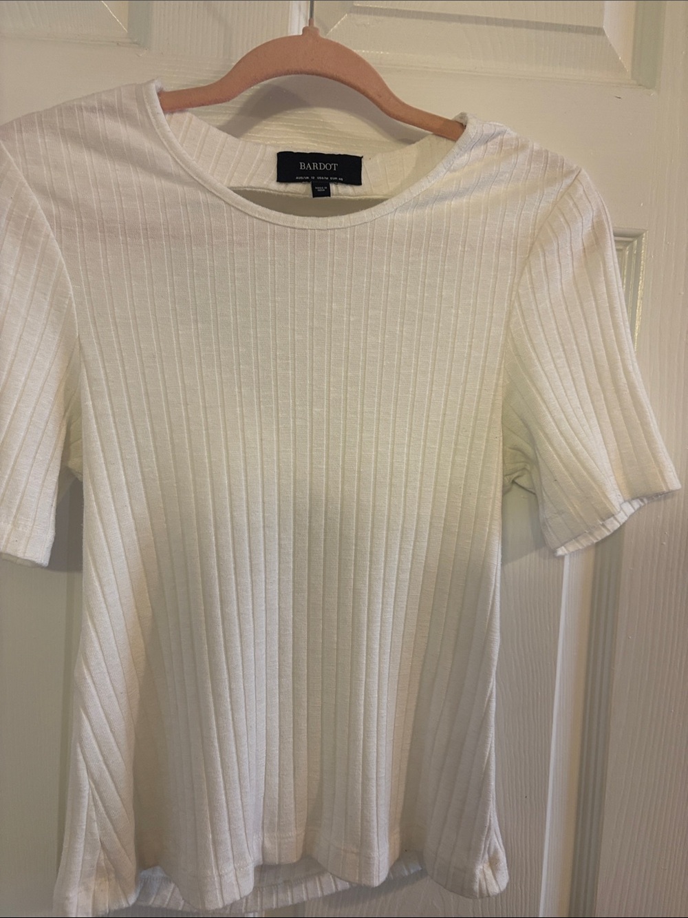 Bardot Cream Ribbed Sheer Office Siren Short Sleeve Tee